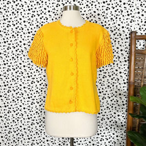 Michael Simon | Mustard Yellow Fringe Crochet Short Sleeve Button Front Sweater